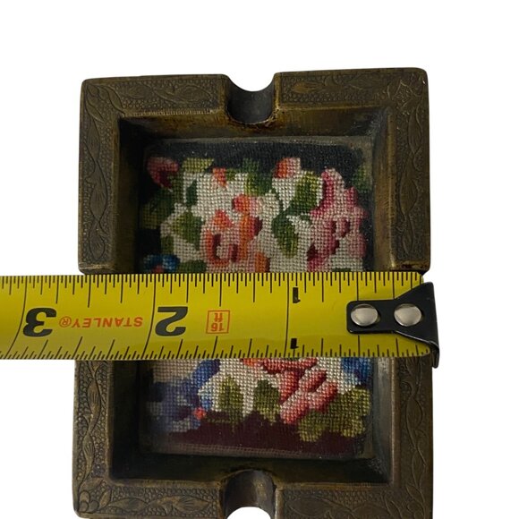 Vintage Miniature Brass Ashtray Floral Petit Point Needlepoint Inlay Victorian - Picture 7 of 7